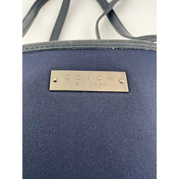Vintage Coach Navy Blue Tote Bag Stretch Fabric Shoulder Purse Zipper Pockets - Picture 11 of 16